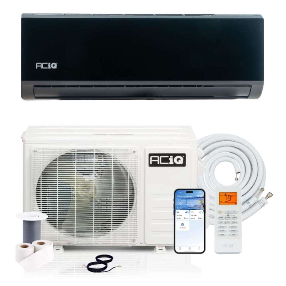 ACiQ 24000 BTU Essentials 20 SEER2 Single Zone Wall Mount Mini Split Heat Pump System package with a glossy black wall unit, white condenser, line set, orange-screen remote and app phone