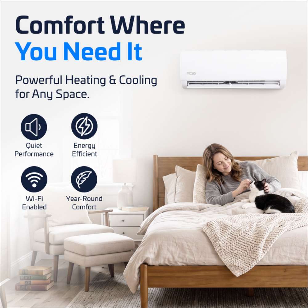 ACiQ 9000 BTU Essentials 21 SEER2 Single Zone Wall Mount Mini Split Heat Pump System is shown heating and cooling a bedroom with quiet, efficient, Wi-Fi-enabled operation