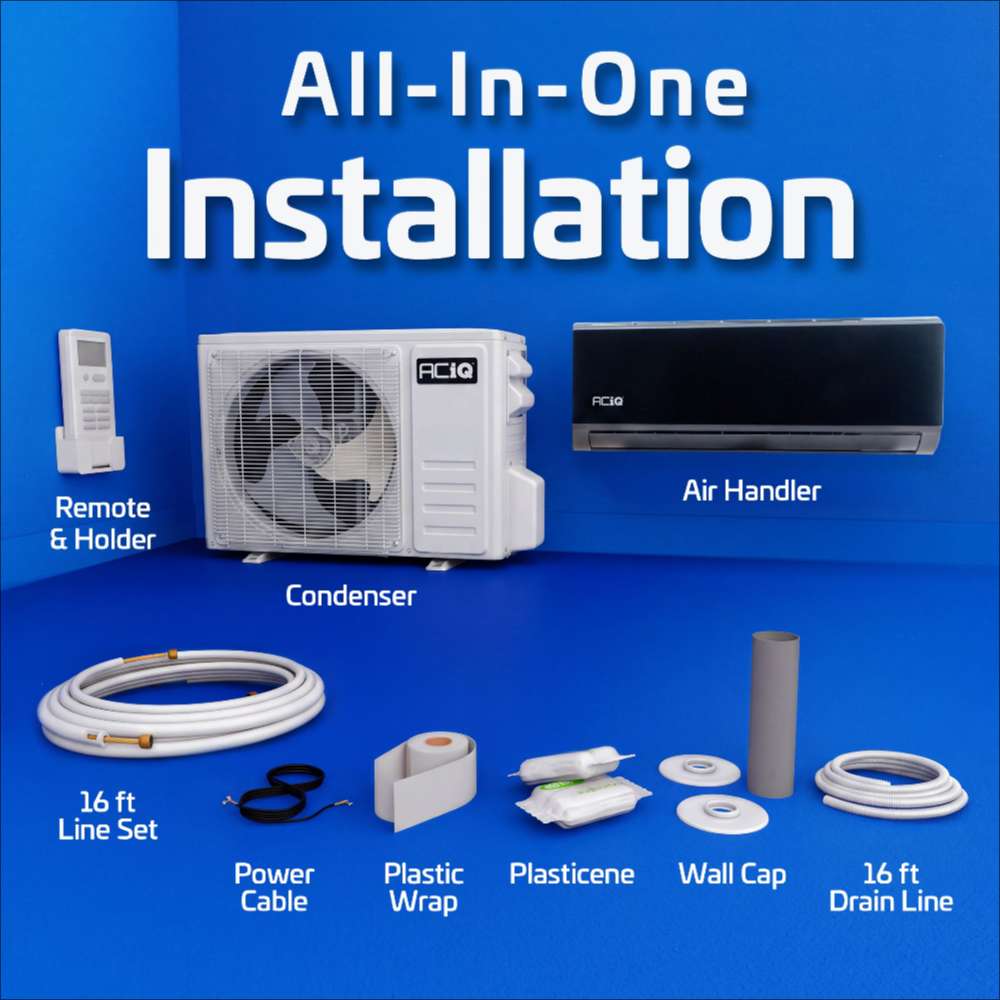 ACiQ 9000 BTU Essentials 21 SEER2 Single Zone Wall Mount Mini Split Heat Pump System is shown with its condenser, air handler, remote, line set, drain line, and installation accessories