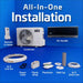 ACiQ 9000 BTU Essentials 21 SEER2 Single Zone Wall Mount Mini Split Heat Pump System is shown with its condenser, air handler, remote, line set, drain line, and installation accessories