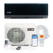 ACiQ 9000 BTU Essentials 21 SEER2 Single Zone Wall Mount Mini Split Heat Pump System is shown with its indoor unit, condenser, remote, smartphone controls, line set, and installation accessories