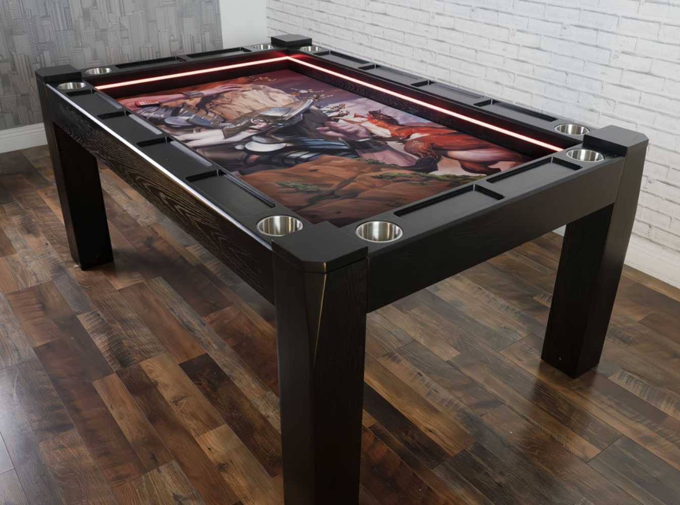 A Game Theory Tables Origins Lit table with a Dungeons & Dragons theme, shown in a full-room view, featuring sturdy black legs and a stylish, modern setup