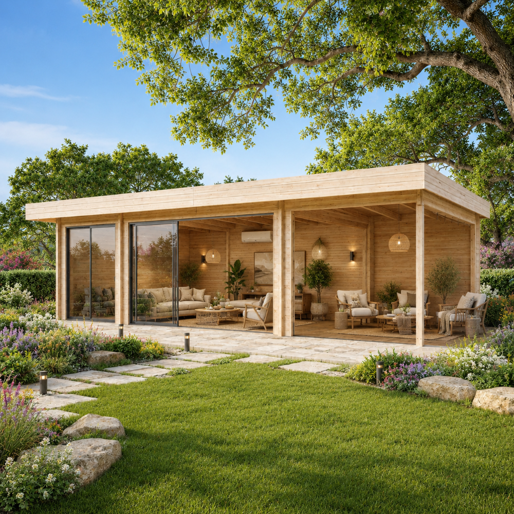 ALU Concept 44O Freedom Room fully furnished with cushioned seating, decorative pillows, lighting, and tables, set in a landscaped backyard garden with green grass, flowers, trees, and bright daytime surroundings.