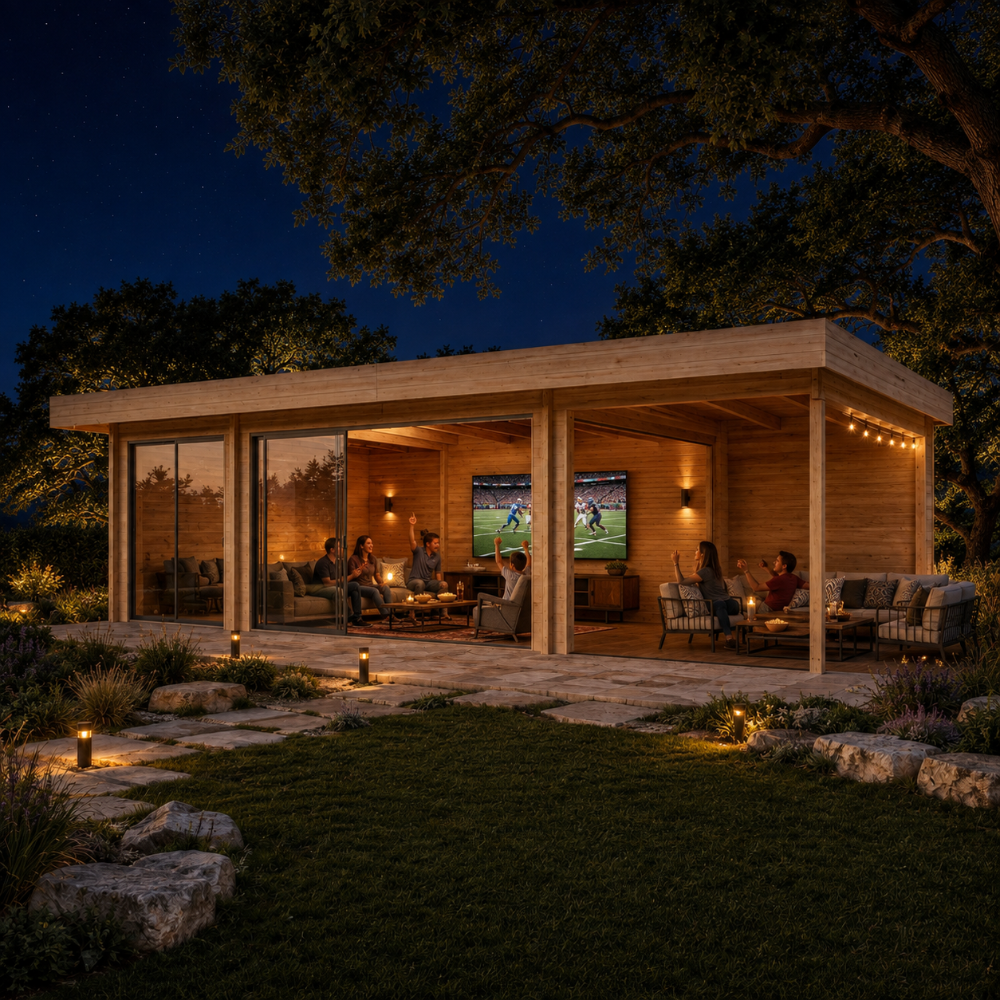 ALU Concept 44O Freedom Room set up for a bright evening sports and movie night with friends and family.