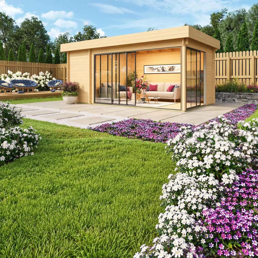 A cozy, sunlit backyard retreat with glass walls and a sofa inside, the GardenHouse24 USA ALU Concept 70C Garden Room blends comfort and nature seamlessly