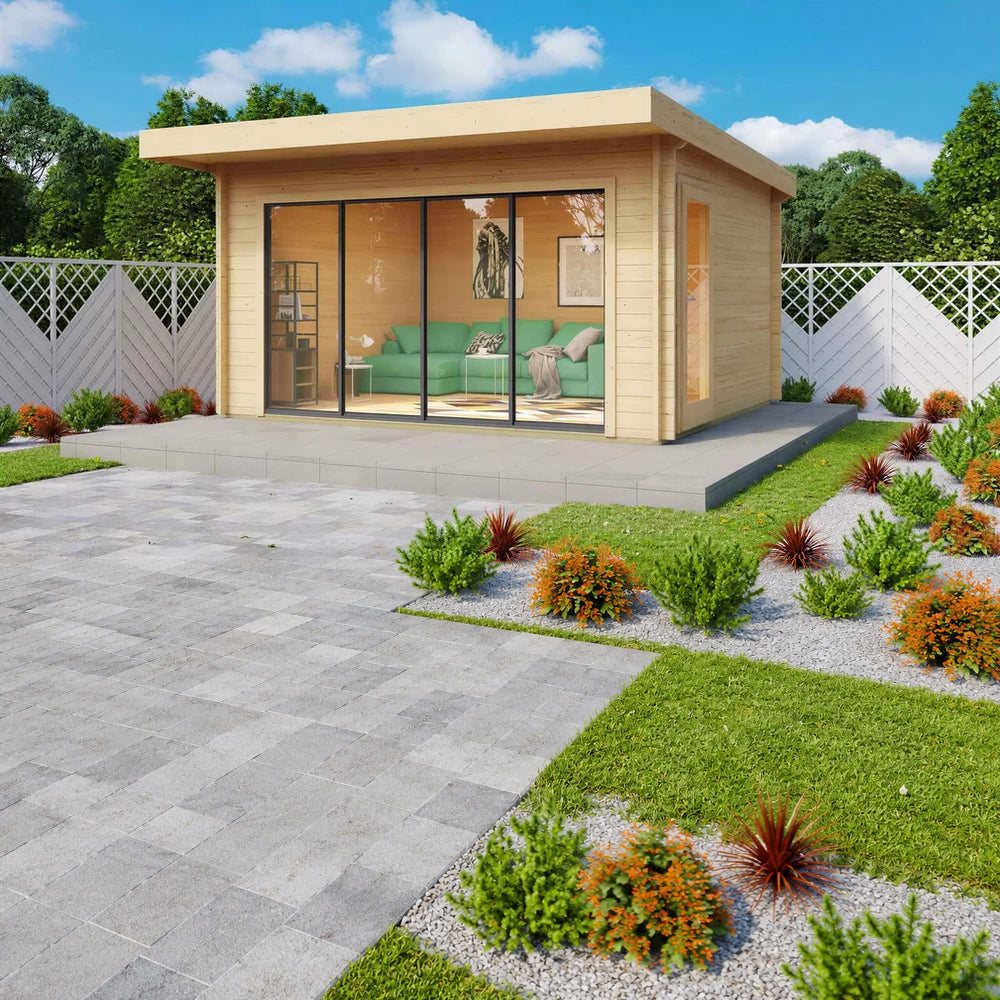 A modern wooden garden room with large sliding glass doors and a green sofa inside is shown as the GardenHouse24 USA ALU Concept 70E Garden Room