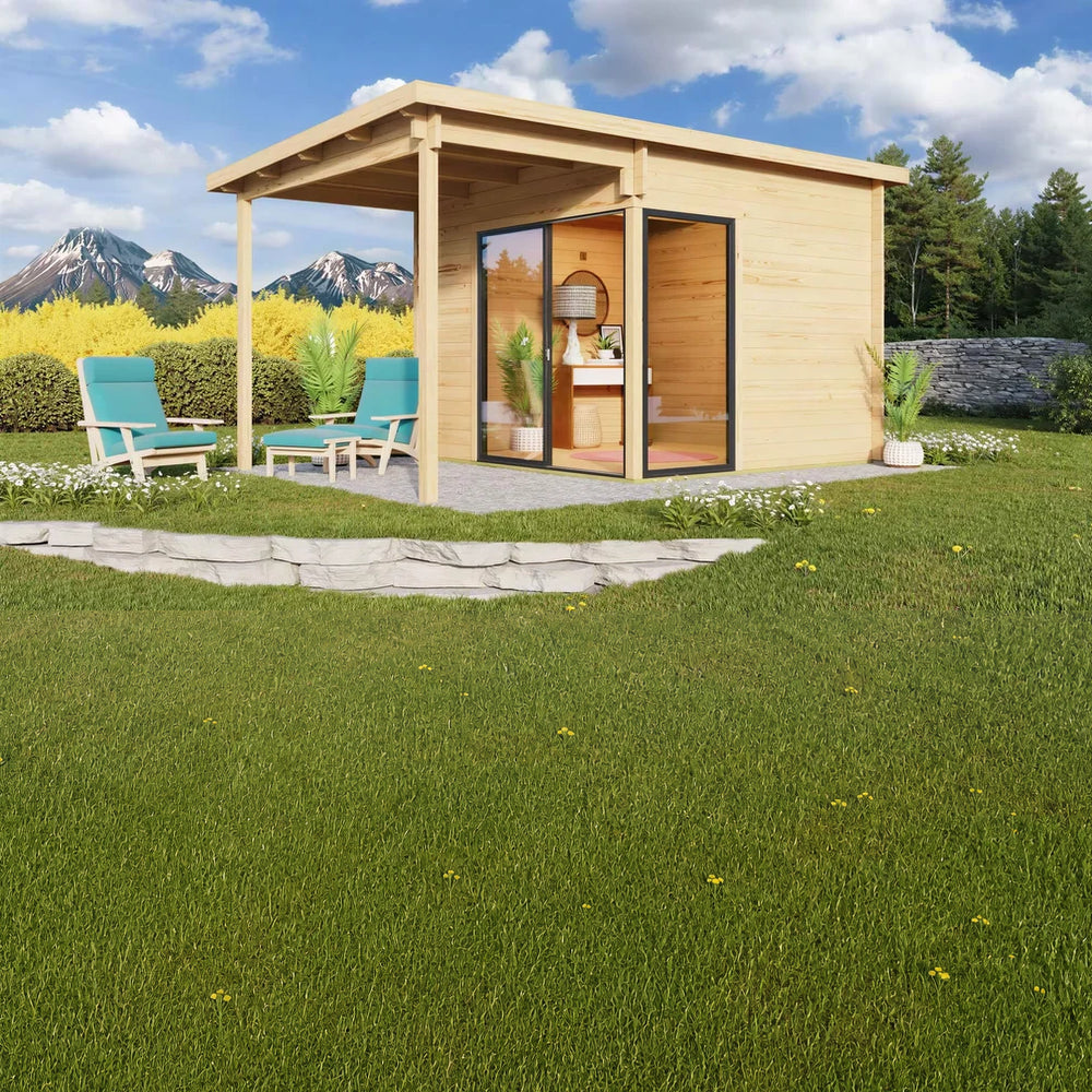 A stylish wooden cabin with a slanted roof and large glass doors stands in a lush garden with mountain views, showcasing the GardenHouse24 USA ALU Concept 70F Garden Room