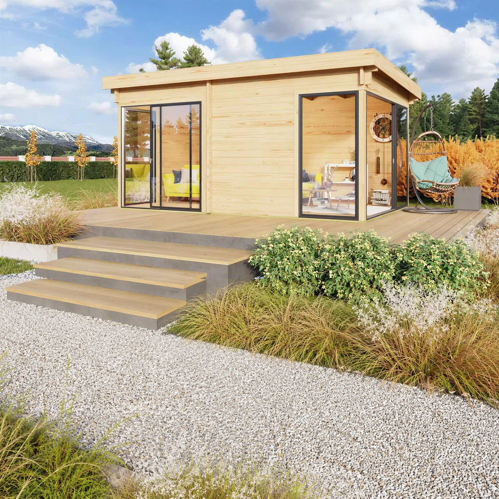 A cozy wooden GardenHouse24 USA ALU Concept 70G Garden Room with large glass doors and windows on a raised wooden deck, perfect for lounging or working