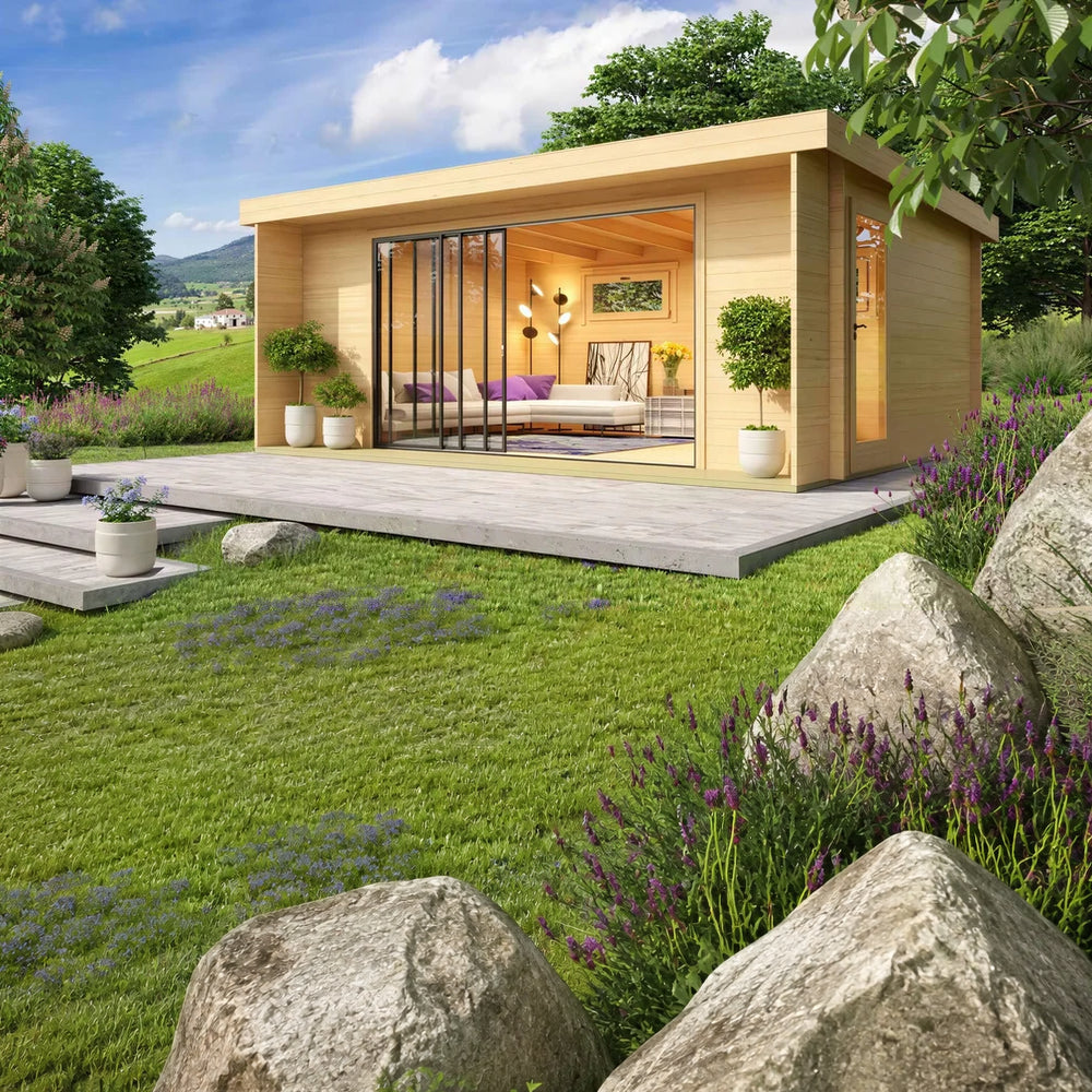 A modern wooden structure with full glass sliding doors and potted plants outside shows the cozy and stylish GardenHouse24 USA ALU Concept 70I Garden Room
