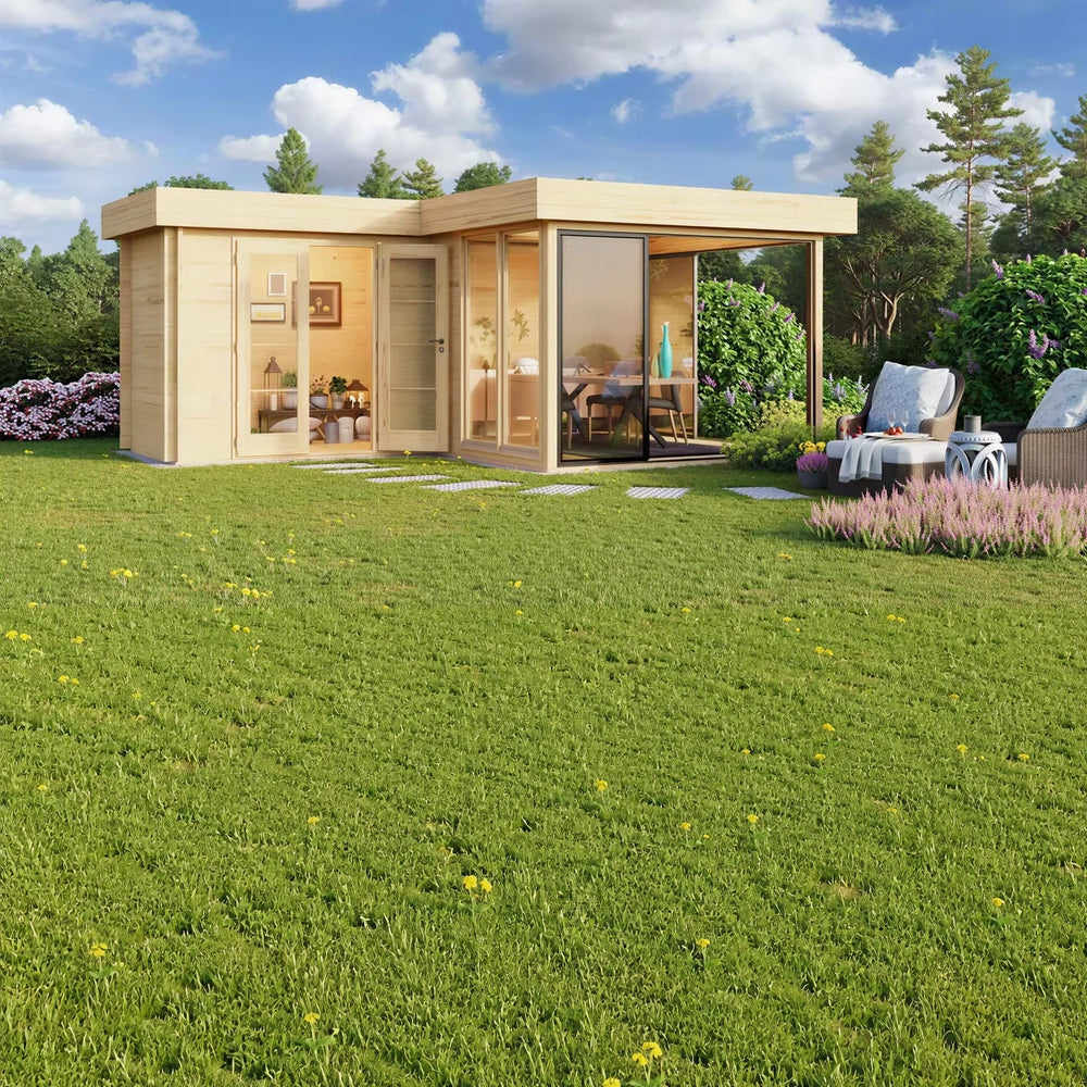 A modern light wood garden room with glass walls stands surrounded by greenery and lounge chairs, showcasing the GardenHouse24 USA ALU Concept 70M Garden Room