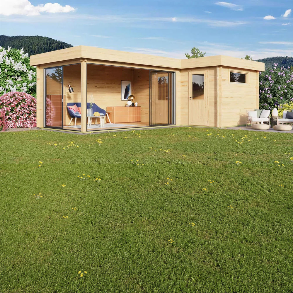 A modern, light-wood structure with large glass sliding doors opens to a furnished corner lounge, showcasing the GardenHouse24 USA ALU Concept 70N Garden Room in a blooming garden setting