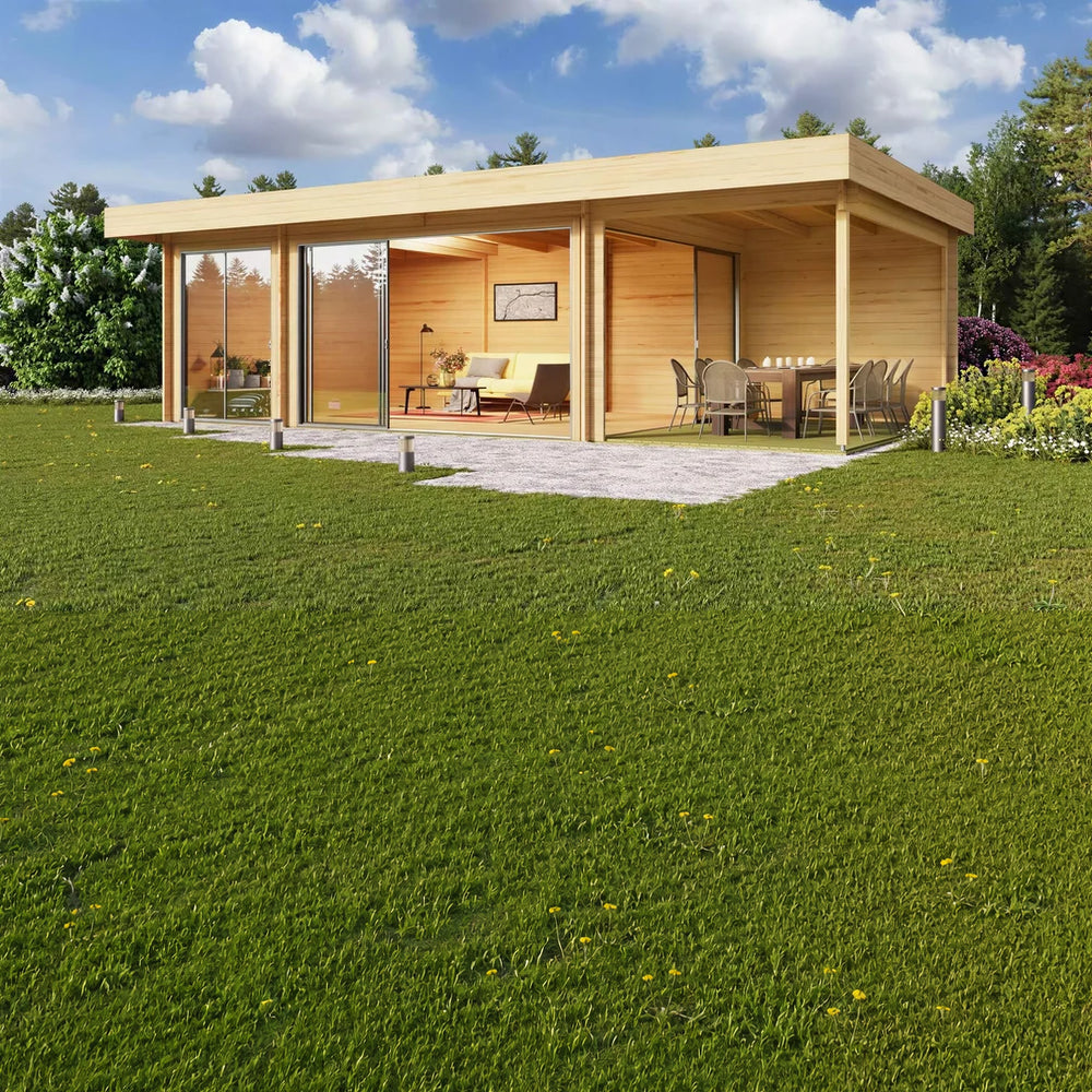 GardenHouse24 USA ALU Concept 70O Garden Room is seen with modern green furniture and patio loungers, nestled in a lush garden setting