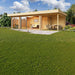 GardenHouse24 USA ALU Concept 70O Garden Room is seen with modern green furniture and patio loungers, nestled in a lush garden setting