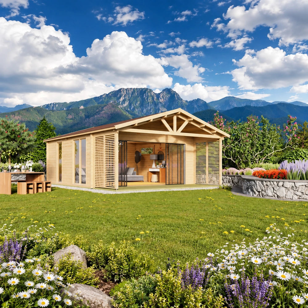 ALU Concept Arosa 44C wooden garden room with an exposed roof truss, slatted façade and open glazed doors, furnished inside and surrounded by flowers with mountains beyond.