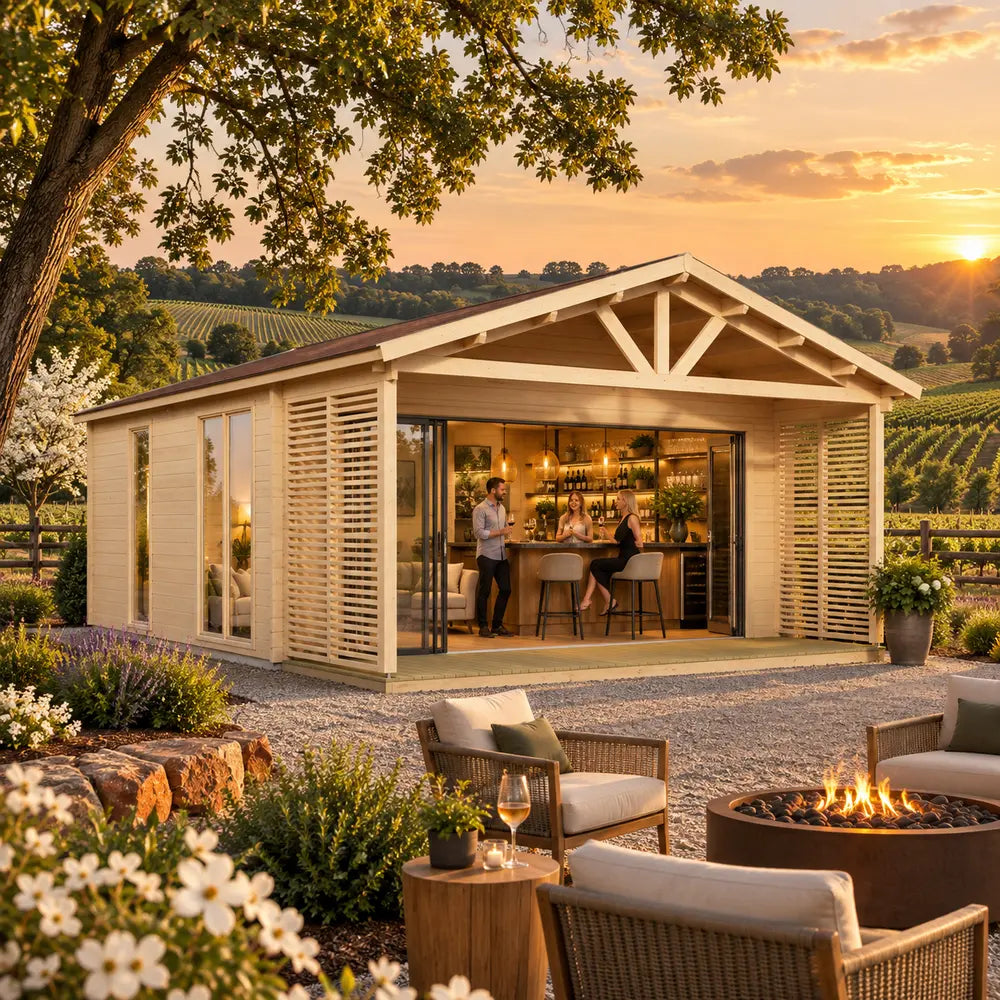 Angled view of the open ALU Concept Arosa 44C at golden hour in North Carolina’s Yadkin Valley, surrounded by vineyards, mature trees and flowering dogwoods, with three adults socializing around an upscale indoor bar.