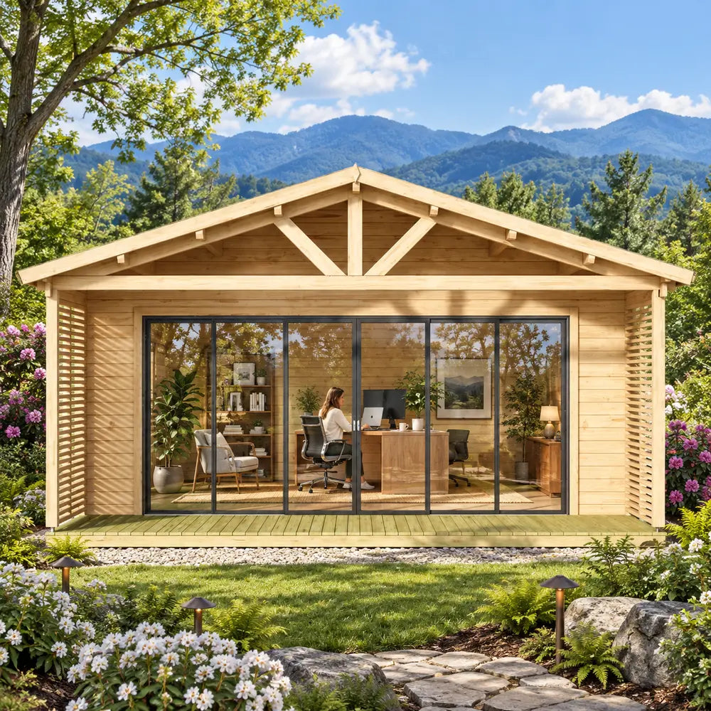 Straight-on view of the ALU Concept Arosa 44C Freedom Office in western North Carolina, surrounded by rhododendrons, native woodland and layered Blue Ridge Mountains, with a professional working inside the glass-fronted office.