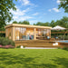 ALU Concept Lounge 44B wooden garden room with a flat roof and full-height glazed façade, furnished inside and set beside a pool with lounge chairs, an umbrella and ambient deck lighting.