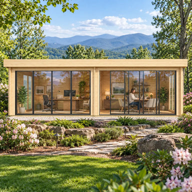 Straight-on view of the ALU Concept Lounge 44B Freedom Office in western North Carolina, surrounded by rhododendrons, native woodland and layered Blue Ridge Mountains, with professionals working behind its two expansive glass sections.