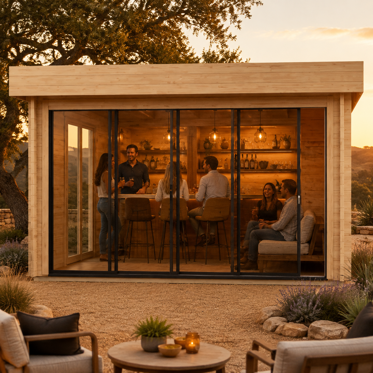 Rectangular wood studio with glass sliding doors and people gathered at an interior bar at sunset.