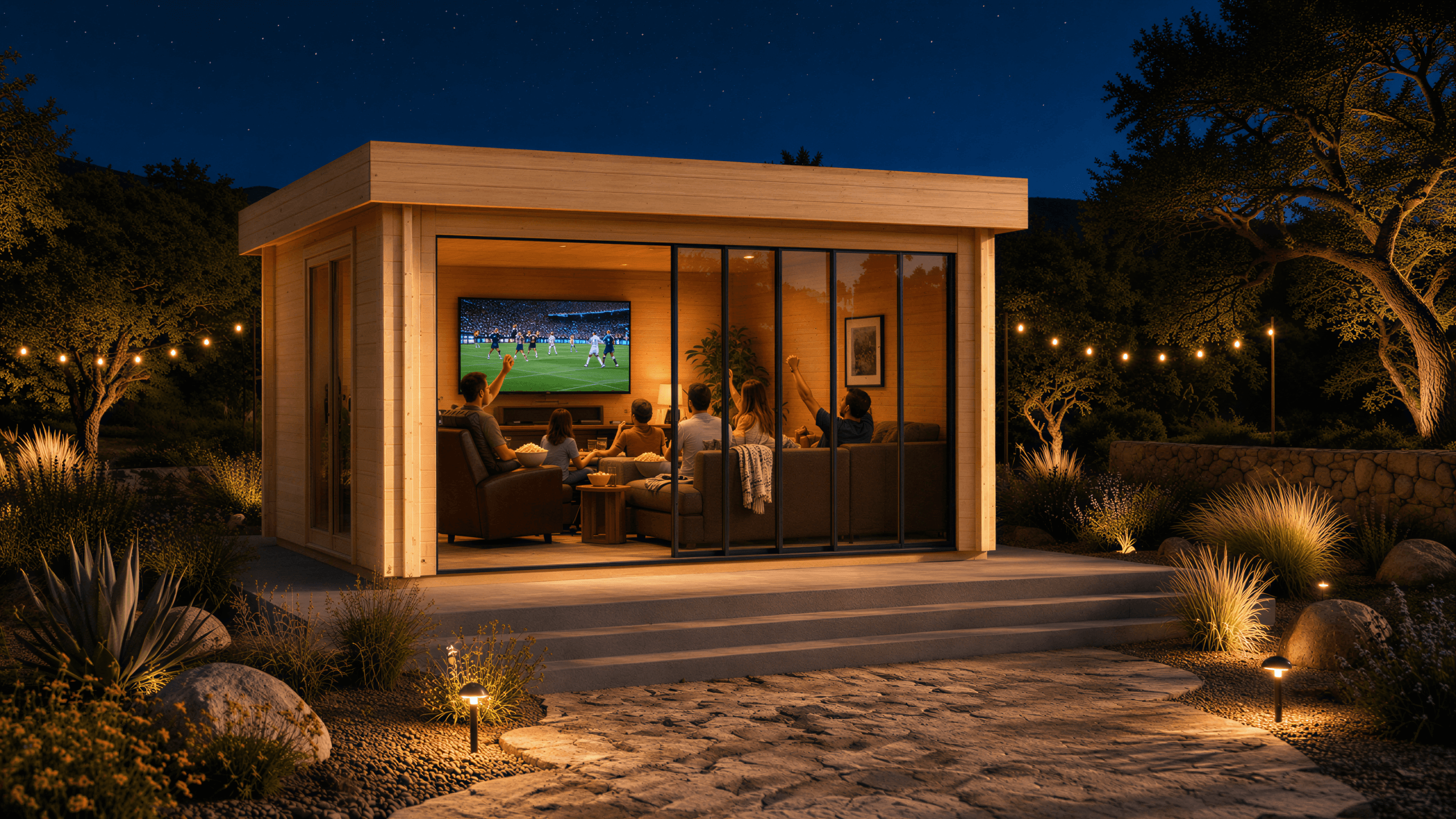 Rectangular wood studio with glass sliding doors and people watching a screen inside at night.