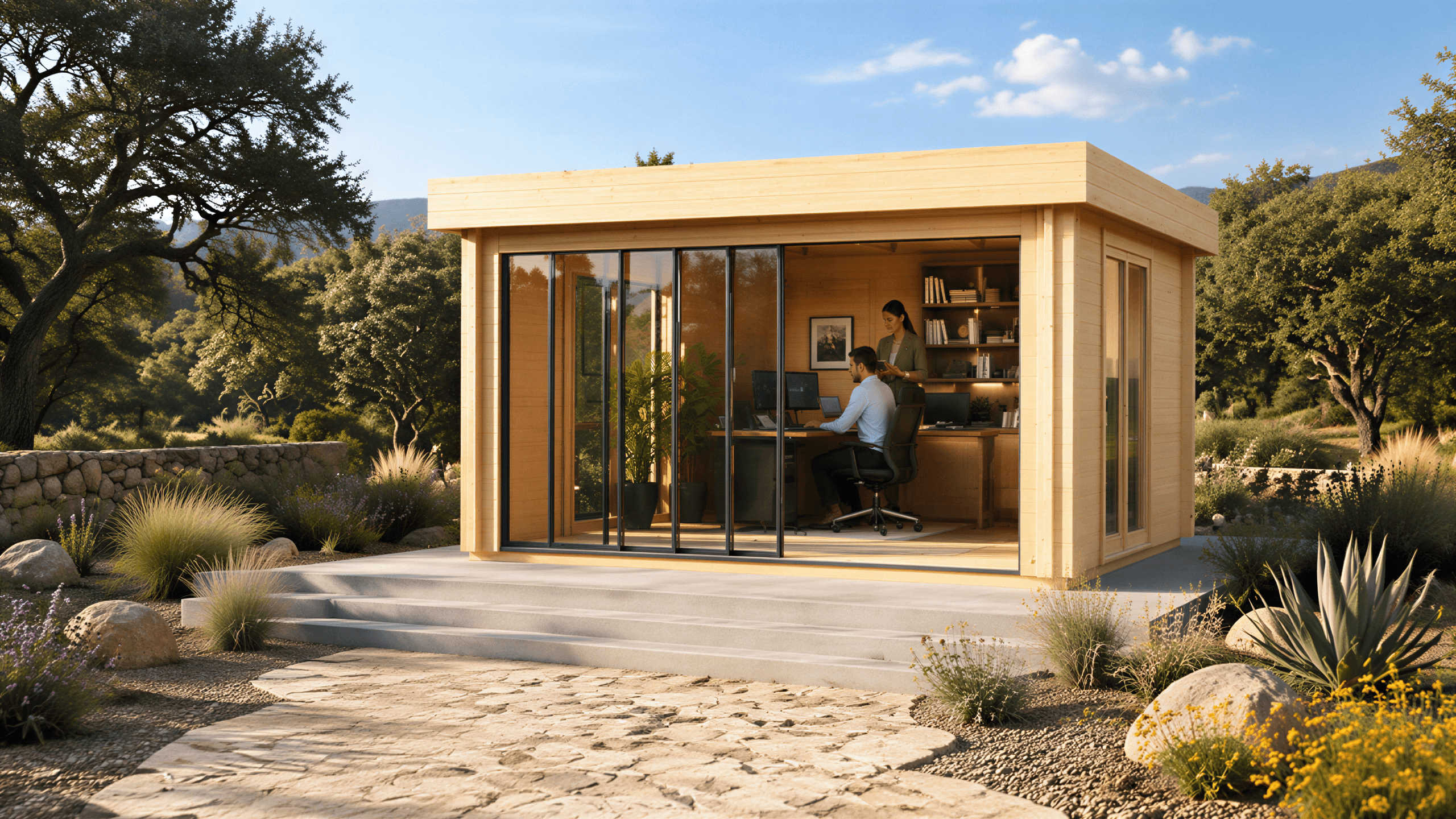 Rectangular light wood studio with glass sliding doors and a flat roof, set on a stone patio in a garden landscape.