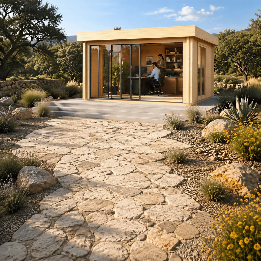 Rectangular light wood studio with glass sliding doors and a flat roof, set on a stone patio in a garden landscape.