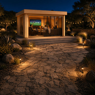 Rectangular wood studio with glass sliding doors and people watching a screen inside at night.