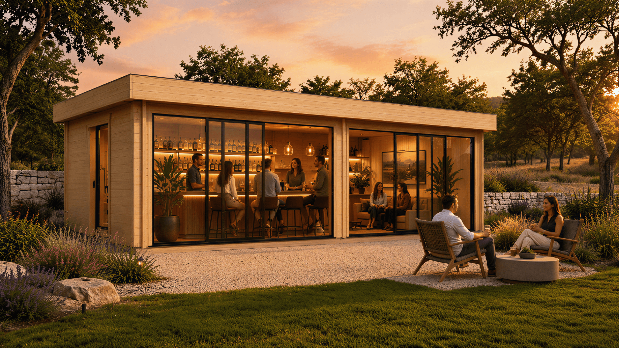 Rectangular wood ALU Concept Lounge 70B with glass sliding doors, interior bar, and people sitting on a gravel patio.
