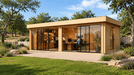 Rectangular light wood garden office with large glass sliding doors, interior shelving, and people working inside.
