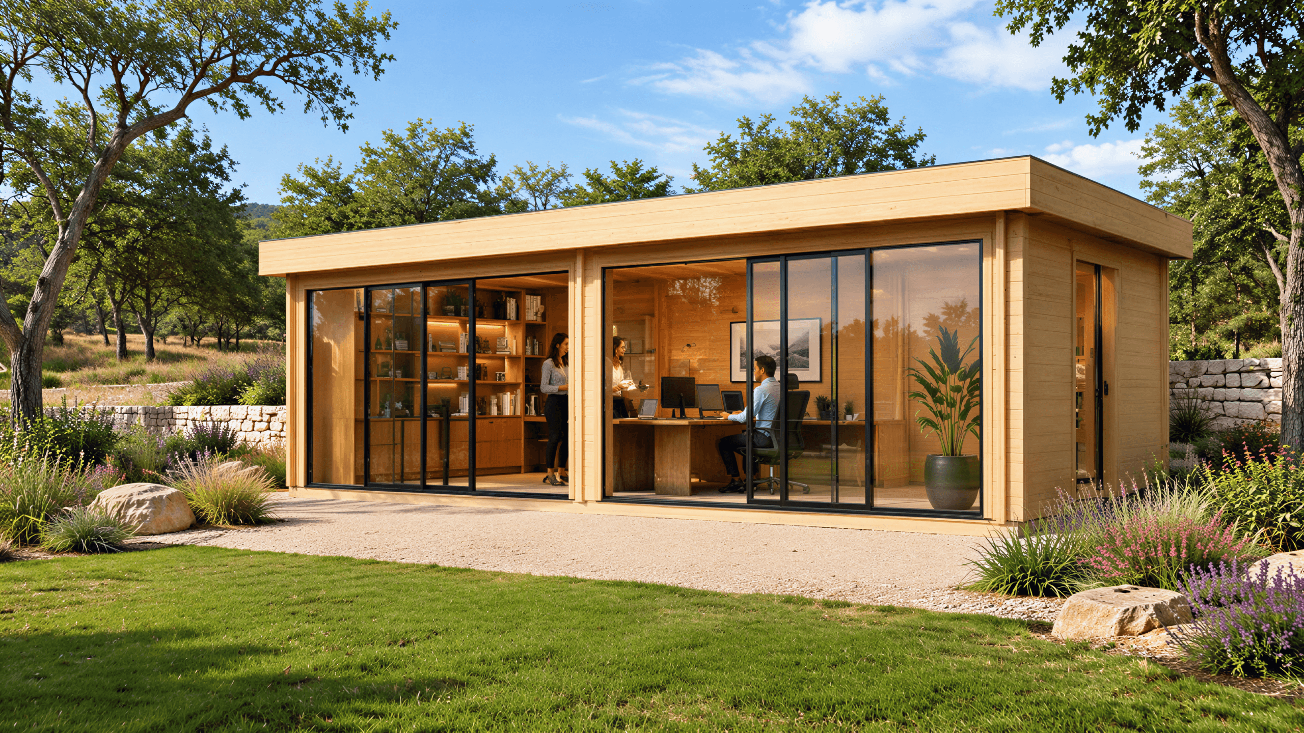Rectangular light wood garden office with large glass sliding doors, interior shelving, and people working inside.