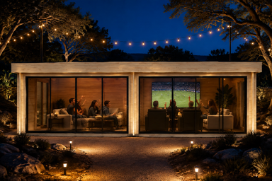 Rectangular wood cabin with glass walls at night, featuring two rooms with people watching a screen and string lights above.