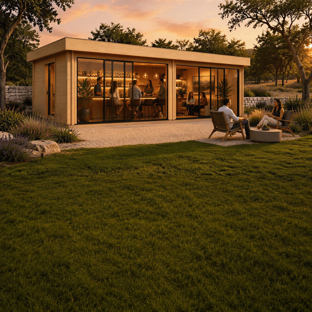 Rectangular wood ALU Concept Lounge 70B with glass sliding doors, interior bar, and people sitting on a gravel patio.