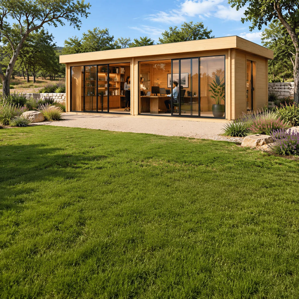 Rectangular light wood garden office with large glass sliding doors, interior shelving, and people working inside.