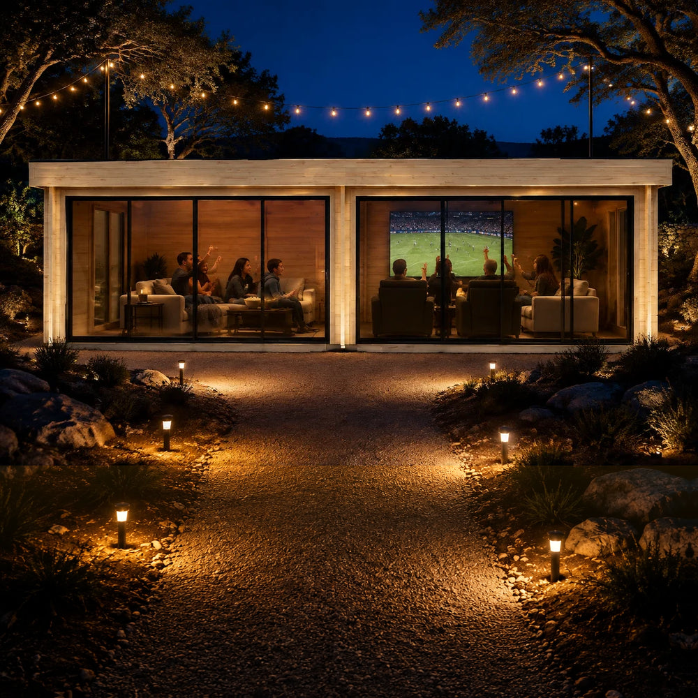 Rectangular wood cabin with glass walls at night, featuring two rooms with people watching a screen and string lights above.