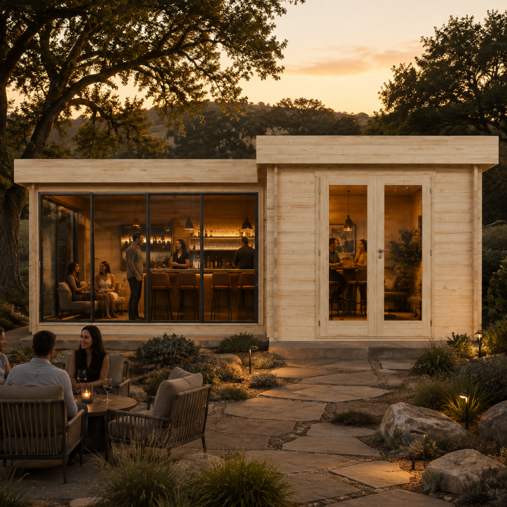 Rectangular light wood cabin with glass doors and windows at sunset, featuring people inside and a stone patio outside.