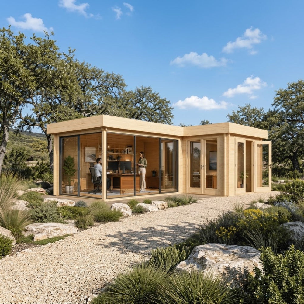 L-shaped wood cabin with glass walls and doors used as an office, set in a landscape with trees and a gravel path.