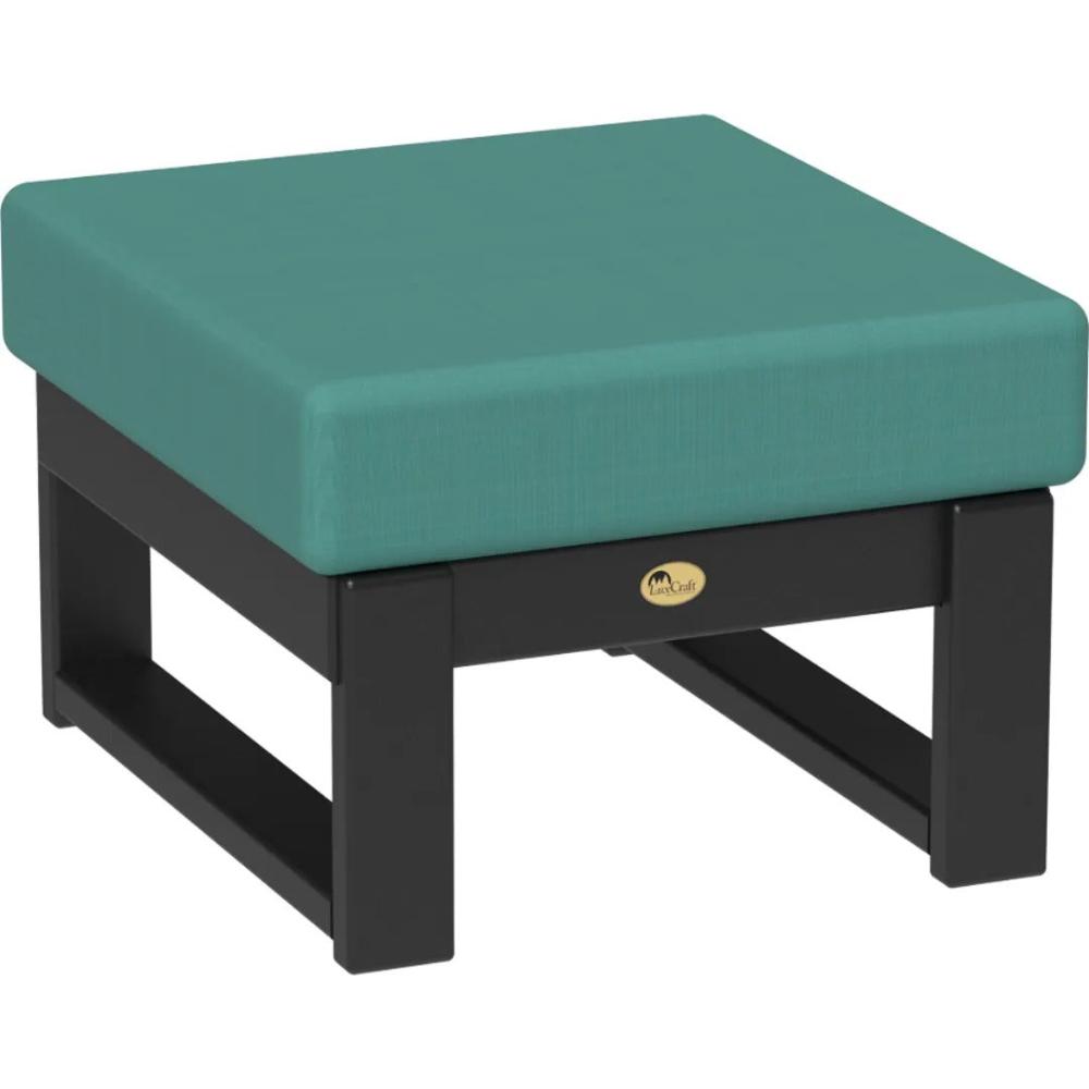 A LuxCraft Lanai Deep Seating Ottoman made of poly lumber with a black finish and a Cast Breeze cushion.