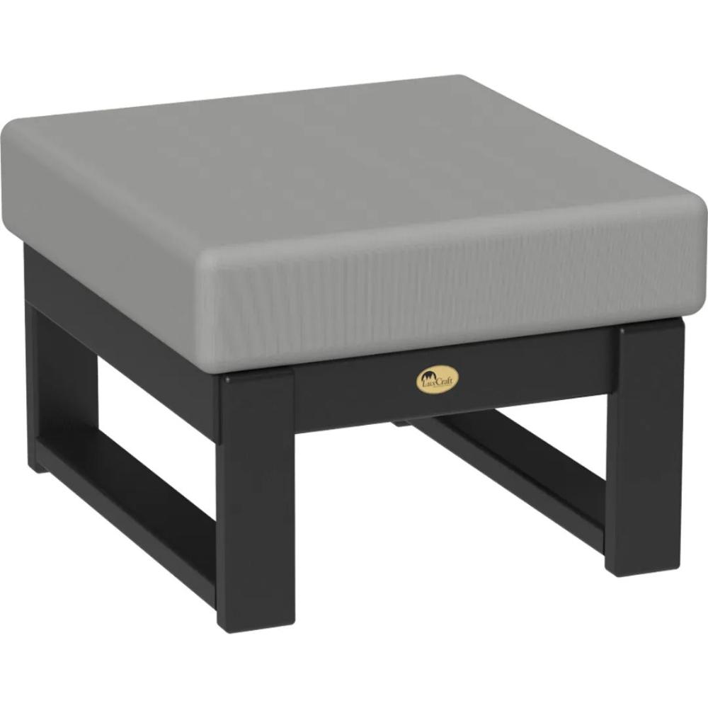 A LuxCraft Lanai Deep Seating Ottoman made of poly lumber with a black finish and a Spectrum Dove cushion.