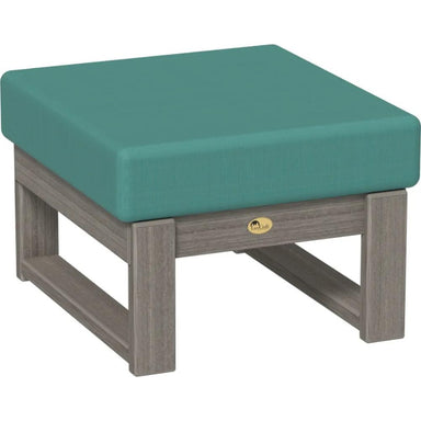 A LuxCraft Lanai Deep Seating Ottoman made of poly lumber with a coastal gray finish and a Cast Breeze cushion.