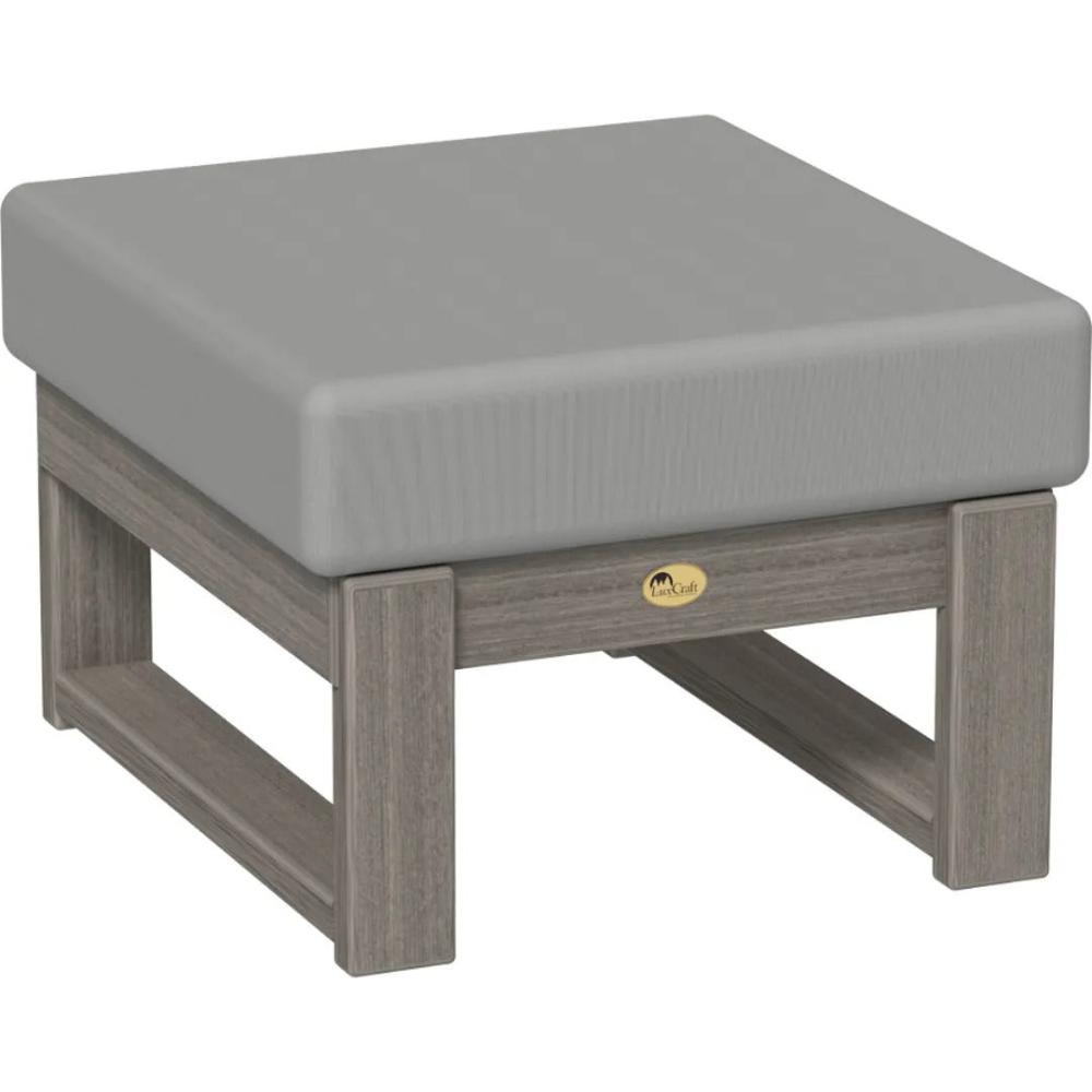 A LuxCraft Lanai Deep Seating Ottoman made of poly lumber with a coastal gray finish and a Spectrum Dove cushion.