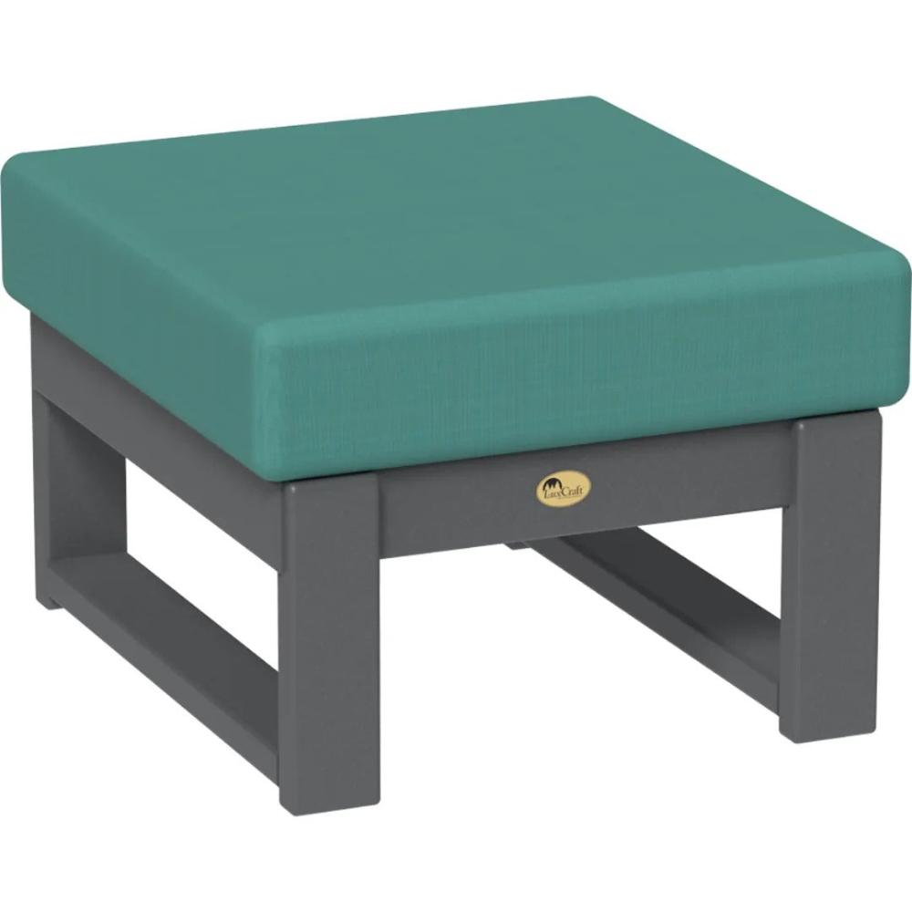 A LuxCraft Lanai Deep Seating Ottoman made of poly lumber with a slate finish and a Cast Breeze cushion.