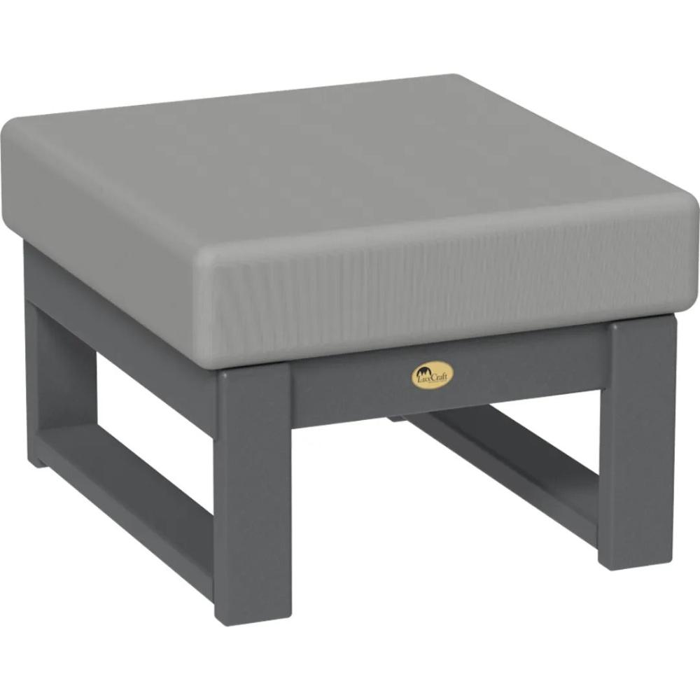 A LuxCraft Lanai Deep Seating Ottoman made of poly lumber with a slate finish and a Spectrum Dove cushion.