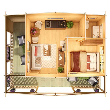 A 3D floor layout of the GardenHouse24 USA Glostrup 44 Garden Room shows a furnished interior with a bed, sofa, kitchen, and bathroom, surrounded by a veranda