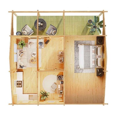 A 3D top-down interior view of the GardenHouse24 USA Mikka 70B Garden Room showing a bedroom, cozy living room, and office space