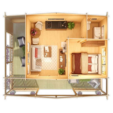 A 3D top-down view of the fully furnished GardenHouse24 USA Glostrup 70 Garden Room reveals a cozy layout with a kitchen, living room, bedroom, and bathroom