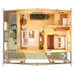 A 3D top-down view of the fully furnished GardenHouse24 USA Glostrup 70 Garden Room reveals a cozy layout with a kitchen, living room, bedroom, and bathroom
