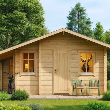 A GardenHouse24 USA Den 70 Garden Room with a centered door, two windows, two chairs outside, and a deer head visible through the right window