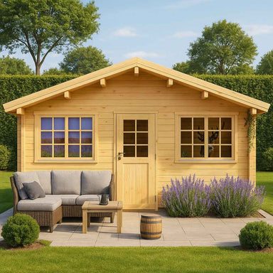 A GardenHouse24 USA Sean 44 Garden Room with a peaked roof, front door, two symmetrical windows, patio seating, and blooming lavender plants