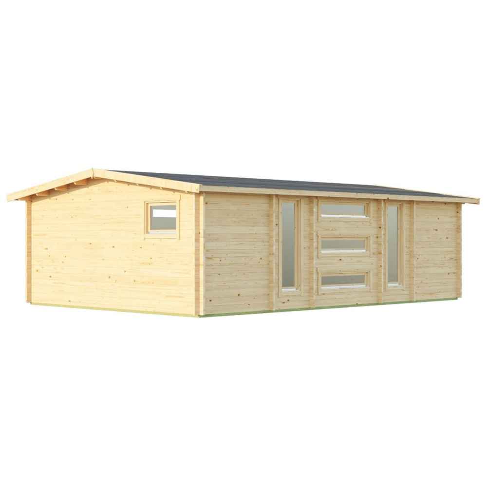 A back corner perspective of the GardenHouse24 USA Dundee 70C Garden Room highlights its elongated wooden structure with vertical windows and clean lines