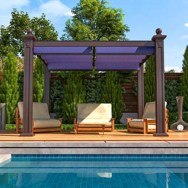 A backyard poolside lounge setup featuring two cushioned chairs under a Structureworks Windsor Aluminum Patio Cover with purple fabric shades
